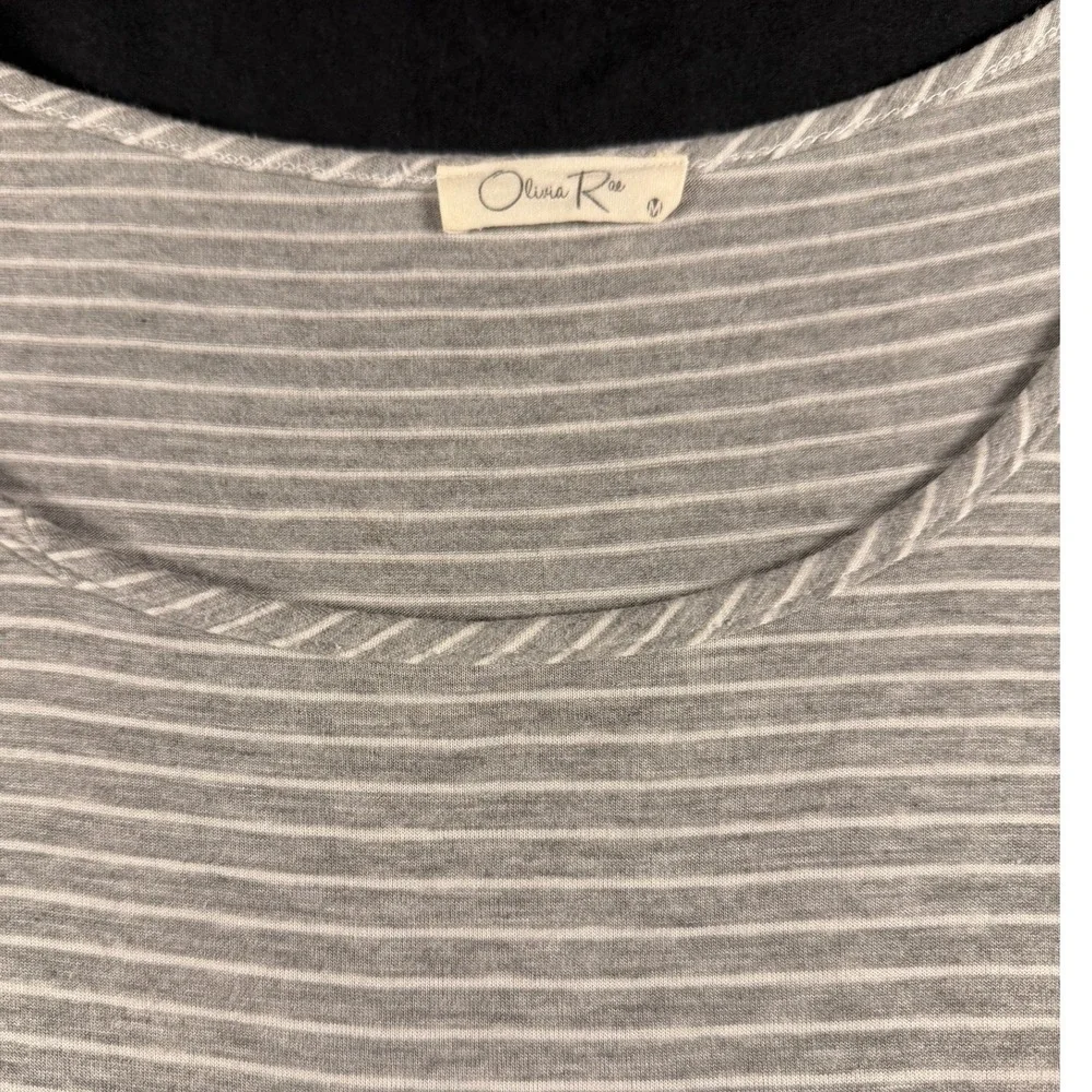 Olivia Rae Grey White Striped Scoop Neck Lettuce Edge Long Sleeve Top Small - Picture 2 of 5